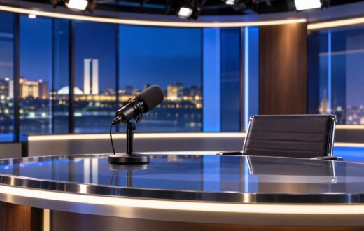 Estudio-de-Noticias-com-Microfone-e-Cidade-Noturna
